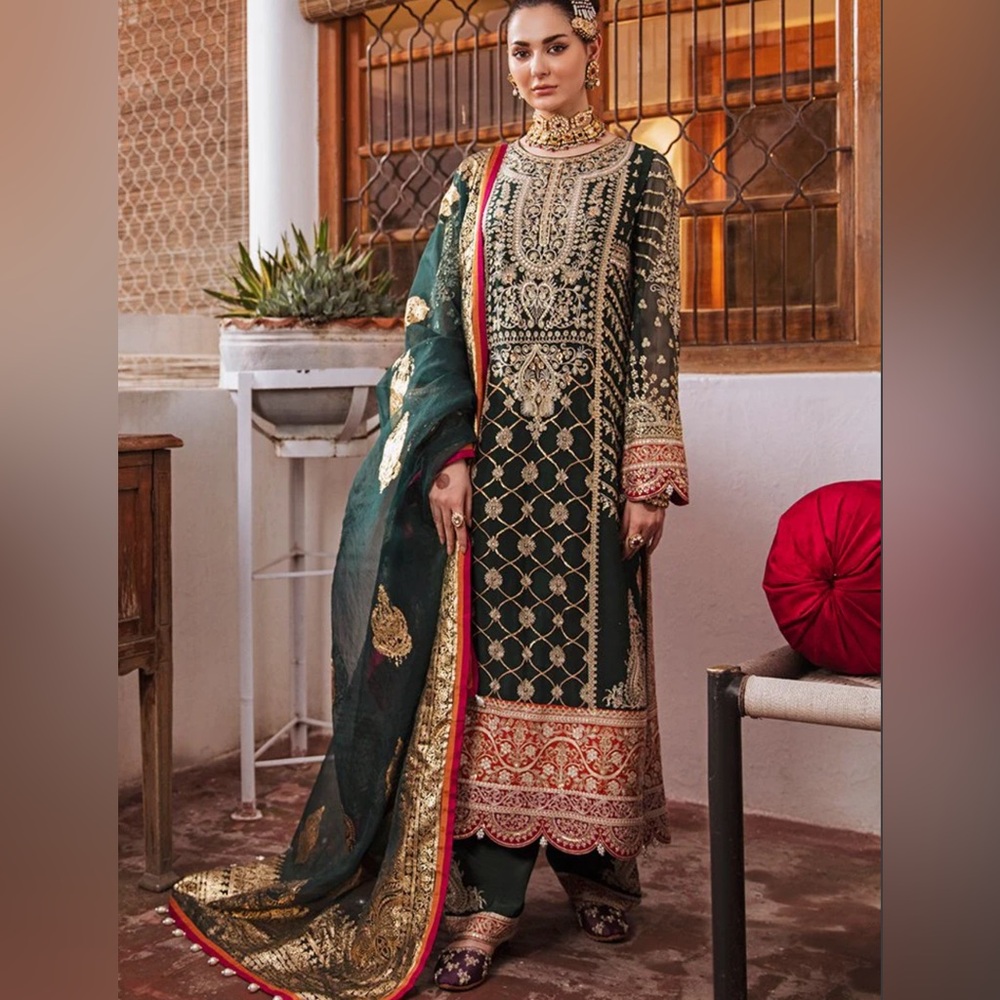 Afrozeh Dark Green Pakistani Fancy Suit